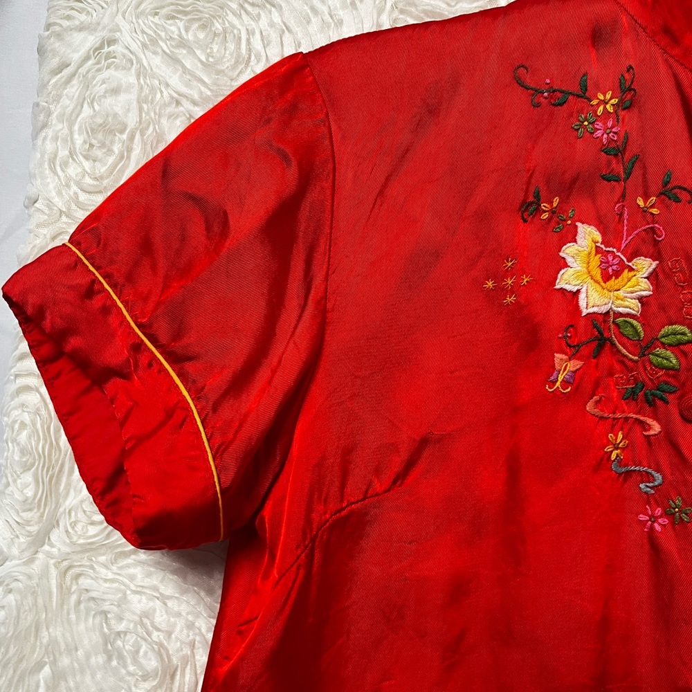 Vintage Red Satin Embroidered Chinese Mandarin Pajama Set Pjs XS - Picture 5 of 7